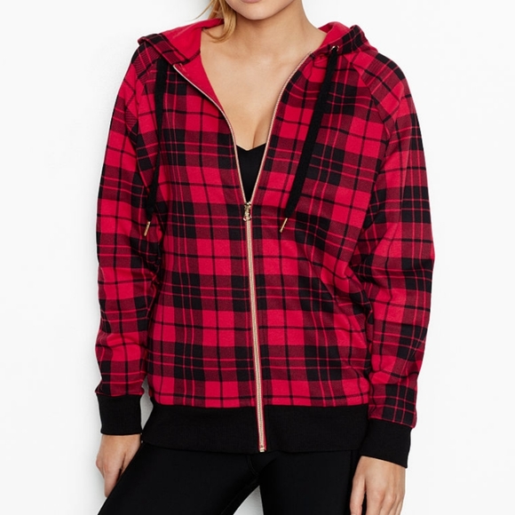 VS SPORT Full Zip Hoodie Soft Fleece Color Red Plaid, Size Medium - Picture 8 of 10